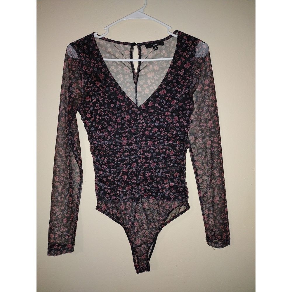 Lulus Black Floral Mesh Ruched V Neck Long Sleeve Teddy Bodysuit